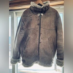 Women’s  Shearling Aviator Jacket - Taupe Brown. detachable hood, worn as large